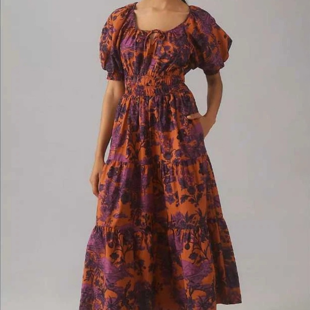 Anthropologie The Somerset Maxi Dress M Puff-Sleeve Edition Rust Purple Floral